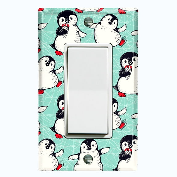 Metal Light Switch Plate Cover Cute Penguins Ice Skating Teal BRD001