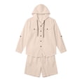 thumbnail image 4 of Casual Spring Outfits for Men 2 Piece Linen Long Sleeve Hoodie Button Down with Pocket and Matching Shorts Set Size 3XL Khaki, 4 of 9