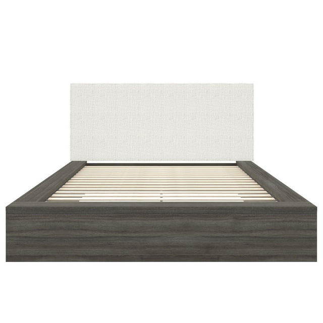 Bardot queen size platform bed with dark wood frame and light fabric upholstered headboard.