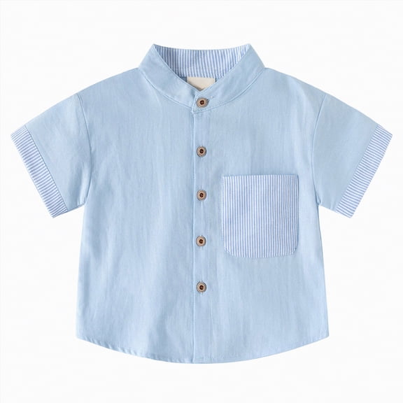 NIEWTR Boys Solid Short Sleeve Button Up Dress Shirt Soft Woven Tops for School & Special Occasions(Blue,2-3 Years)