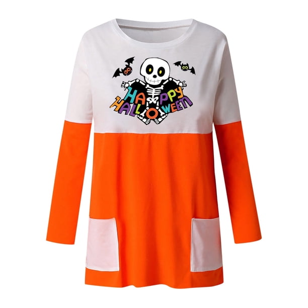 Blusa suelta informal de manga larga con cuello redondo y bolsillo para mujer, Tops estampados de Halloween Pompotops hdfakjf4629