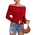 thumbnail image 2 of BadPiggies Women's Off The Shoulder Sweater Fashion Long Sleeve Tops Fall Winter Ribbed Pullover Knit Outfits (L, Red), 2 of 8