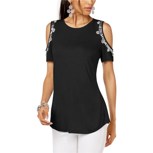 Blusa I-N-C con Hombros descubiertos adornada negra grande Hombro frío
