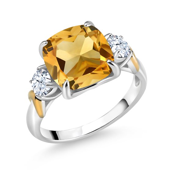 Gem Stone King 925 Silver and 10K Yellow Gold Yellow Citrine 3 Stone Ring for Women (4.10 Cttw, Gemstone November Birthstone, Cushion 10MM, Round 4MM, Size 8)