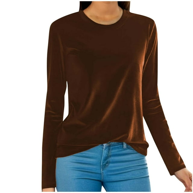 Lenpel Hauts en Velours pour Femmes Grande Taille Habillés Décontractés Col Rond Manches Longues T-Shirts en Velours Tuniques Amples Blouses (Café, 3TG)