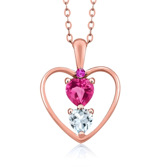 18K Rose Gold Plated Silver Pink Created Sapphire Sky Blue Aquamarine and Pink Sapphire Pendant Necklace for Women (0.86 Cttw, Gemstone Birthstone, Heart 5MM and 4MM, with 18 inch Silver Chain)
