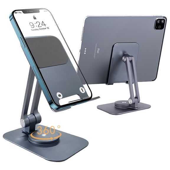 Tablet Stand for Desk, 360° Rotatable Aluminum Tablet Holder Adjustable Foldable Desktop Cell Phone Stands-Gray