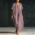 thumbnail image 6 of ClodeEU Women's Striped V Neck Short Sleeve Linen Blend Midi Dress, Casual Loose Swing Sundress with Pockets Wine,Women's Plus S, 6 of 8