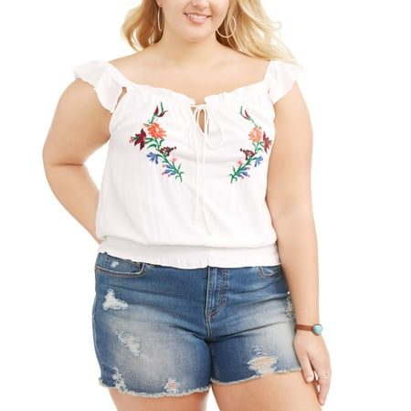 Poof Junior Plus Embroiderd Gathered Waist Top