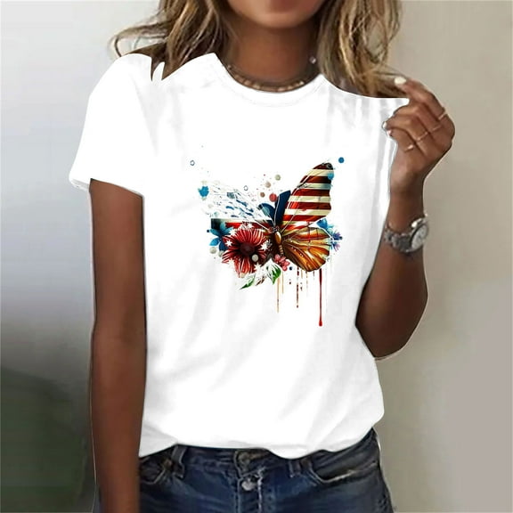 Cavosen Patriotic Shirts for Women Petite Red White and Blue Short Sleeve Round Neck T Shirts USA Star Striped Graphic Tops Lady XL Patriotic Casual T Shirts Independence Day Tunic Tees
