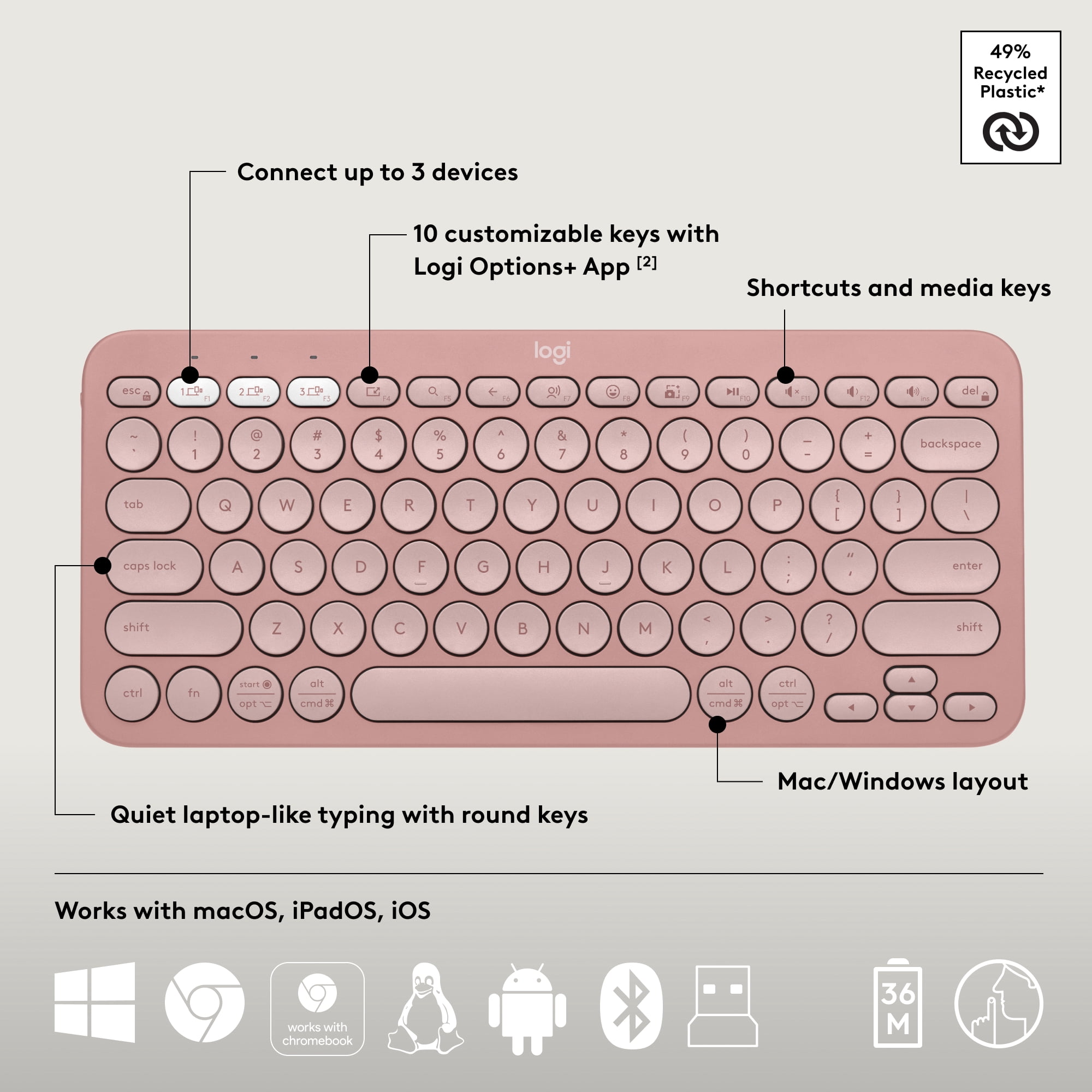 Logitech Pebble 2 Combo, Wireless Keyboard and Mouse, Quiet and Portable, Customizable, Logi Bolt, Bluetooth, Tonal Rose
