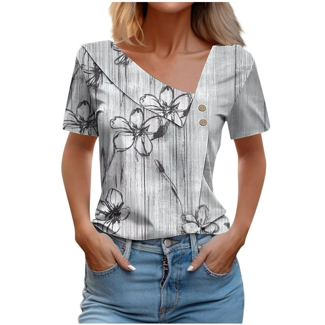 Camisetas de Manga Corta para Mujeres Casual, Camiseta con Botón Impreso a Damas para Diario, Espectáculo Y Fiesta
