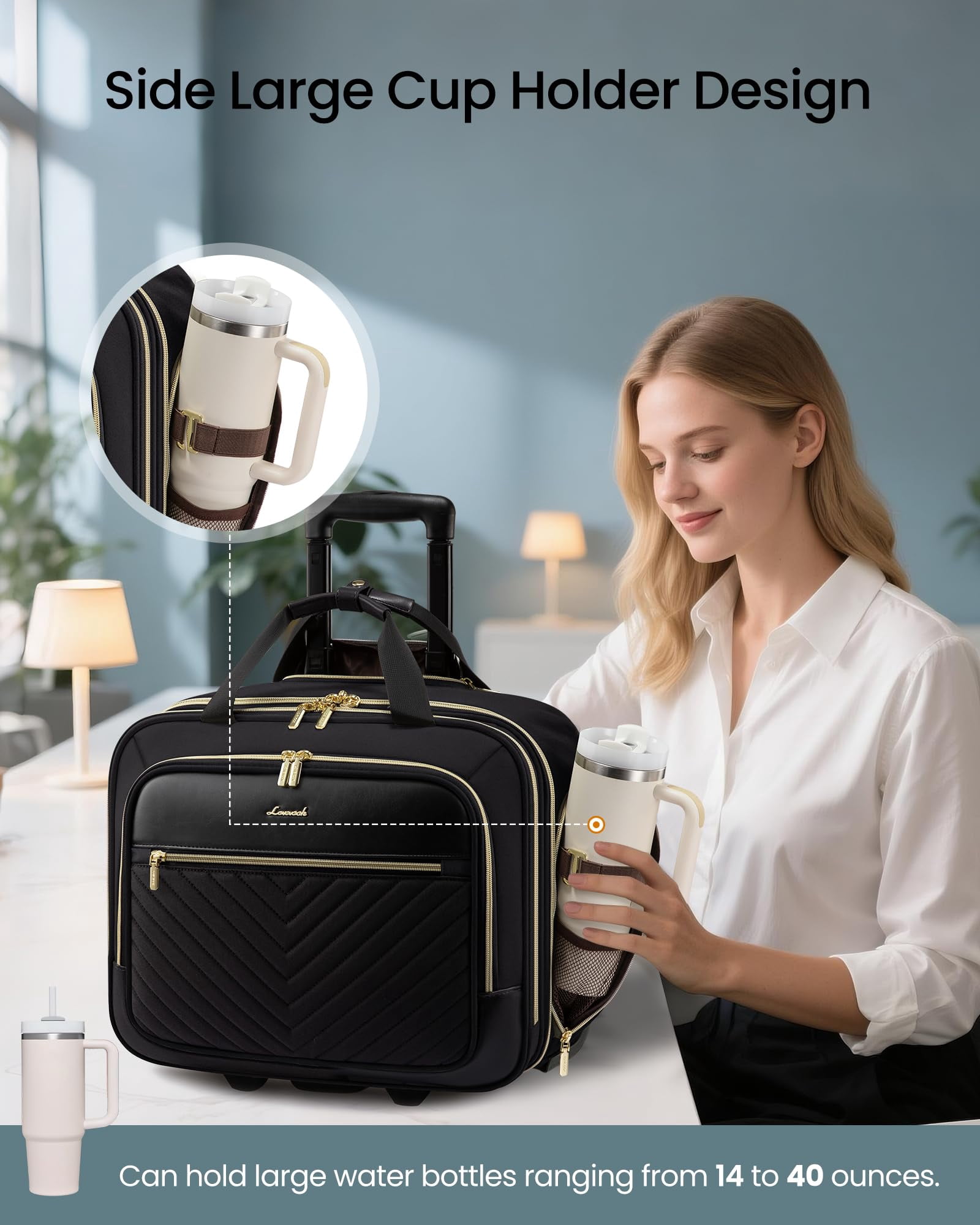 LOVEVOOK Rolling Laptop Bag Women, 17.3 Inch Laptop Briefcase with Wheels, Soft Sided Underseat Carry On Luggage Personal Item Suitcase for Work Travel Business, Black Brown Beige