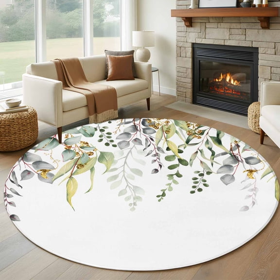 Round Area Rug 7 Ft, Eucalyptus Leaves Washable Non-Slip Circle Carpet for Living Room/Bedroom, Summer Botanical Green Watercolor Low-Profile Large Runner Mat Collection Rugs for Indoor