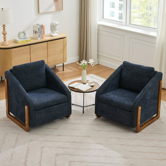 057-Set of 1 Chenille Fabric Modern Upholstered Armchair with Wooden Side Frame , Accent Leisure Chair with Cushioned Seat and Backrest for Living Room, Bedroom,Blue