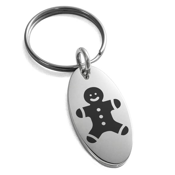 Stainless Steel Jolly Gingerbread Man Engraved Small Oval Charm Keychain Keyring