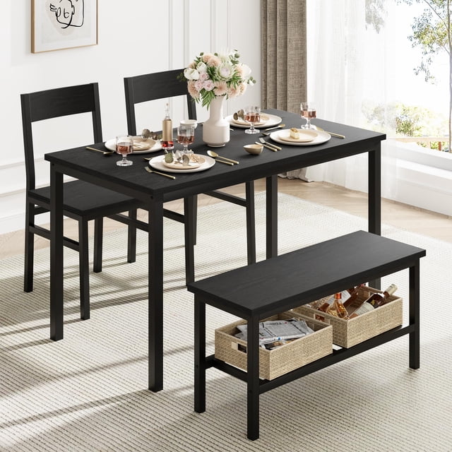 QinaQin Dining Table Set for 4 with Chairs and Bench, Metal Frame Dining Room Set with Storage Rack for Small Spaces