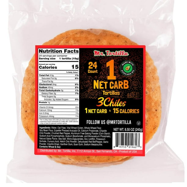 Mr. Tortilla 1 Net Carb Tortilla Wraps Keto, Low Carb, Low Calorie, Vegan, Kosher (Spicy 3