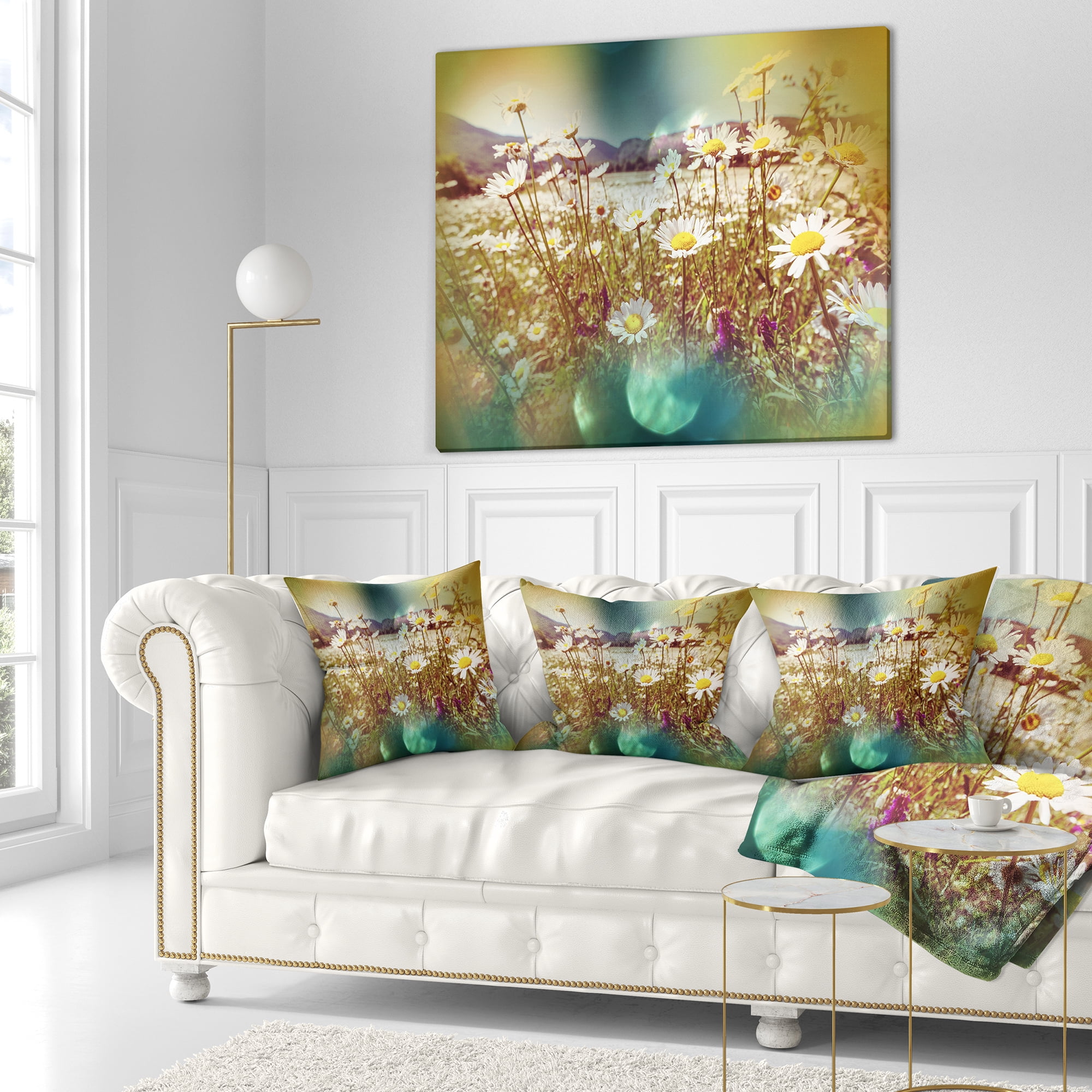 Designart Chamomile Flowers in Summer Garden - Landscape Printed Throw Pillow - 18x18