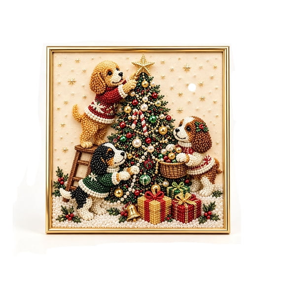 Christmas Dog Diamond Pearl Painting Kit for Adults, DIY Holiday Bead Art Kit with Frame for Home Wall Decor Family Craft Gift