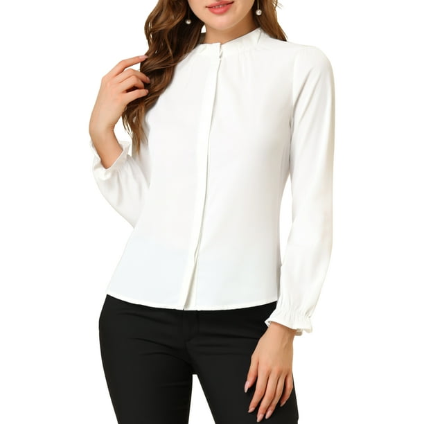 Blusa de mujer con cuello de pie, botones y mangas largas con volantes, talla XL, blanca