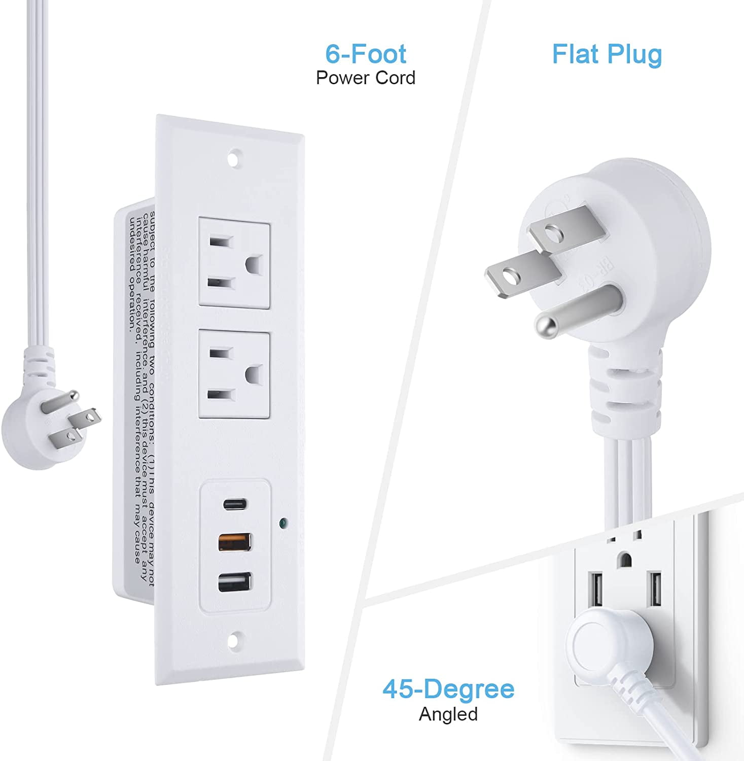 Recessed Power Strip with 20W USB C Port, Fast Charging USB A Port Desk Outlet, Furniture Hidden Charging Station for Side Table, End Table, with 6FT 45 Degree Flat Plug Extension Cord,White