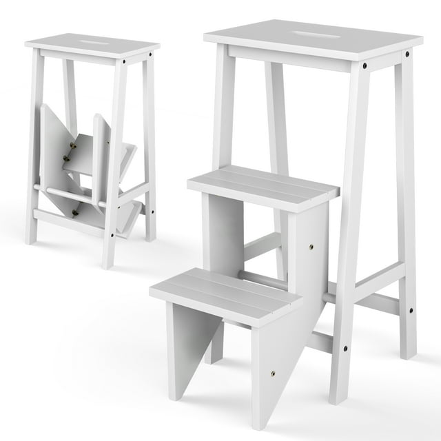 Giantex Step Folding Wooden Step Stool, Portable Anti-Slip Step Ladder, Foldable Wood Counter Staircase, Multifunctional Flower Shelf & Chair for Kitchen/Garage/Living Room/Library