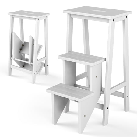 Giantex Step Folding Wooden Step Stool, Portable Anti-Slip Step Ladder, Foldable Wood Counter Staircase, Multifunctional Flower Shelf & Chair for Kitchen/Garage/Living Room/Library