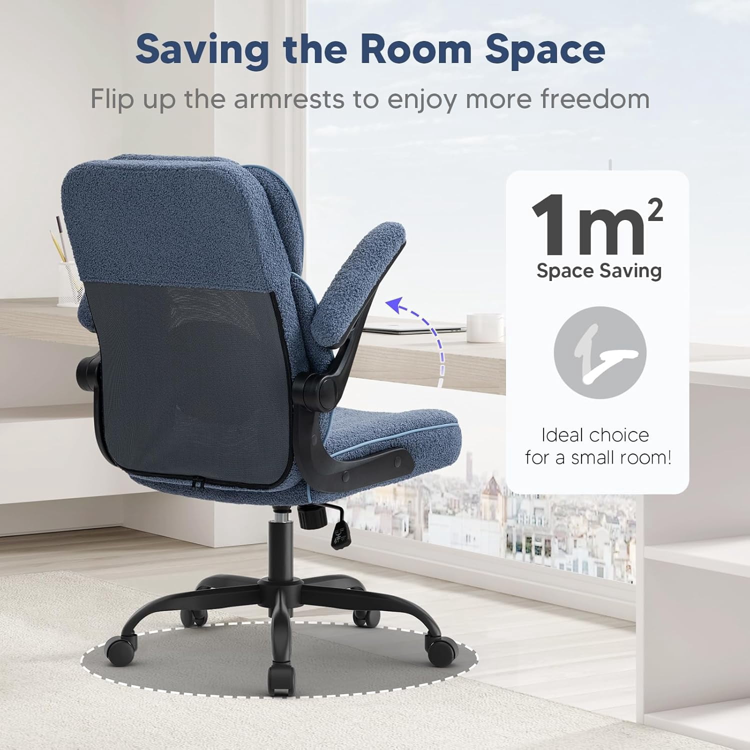 SEATZONE Home Office Desk Chairs with Wheels and Armrests,Office Chair Comfortable Ergonomic Mesh with Teddy Fleece Fabric Executive Computer Chairs for Adults and Teens,Blue
