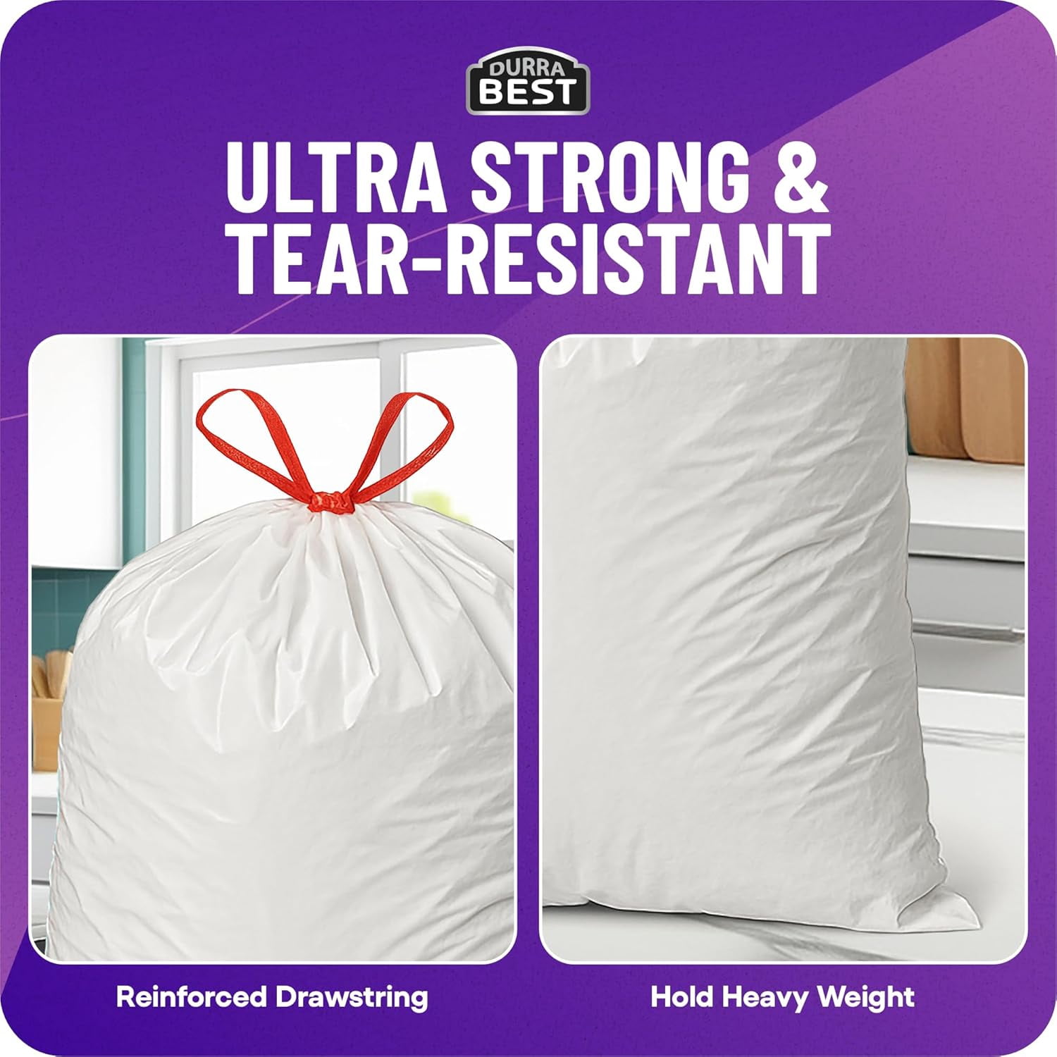 DURRA BEST Heavy-Duty Trash Bags – 120 count, 18 Gallon White, Ultra Thick Drawstring Garbage Bags – Leak-Resistant for Home & Commercial Use, Big Trash Bags, Made in USA