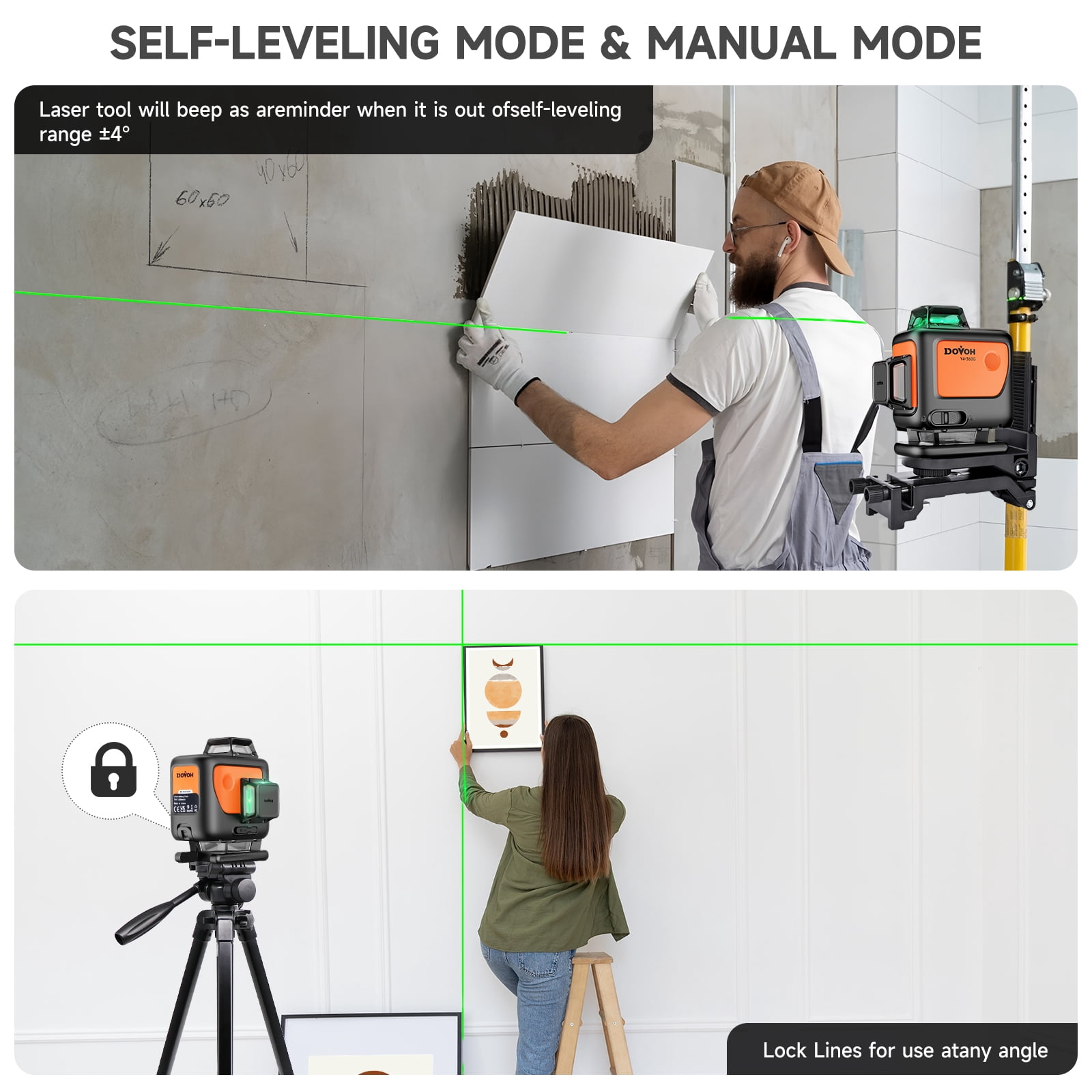 DOVOH Green Self-Leveling Laser Level 16 Lines 360° 4D, Rechargeable Type C Receiver Compatible, Y4-360G