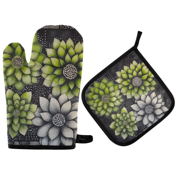 Yayeee Oven Mitts and Pot Holder Set of 2 Heat Resistant Kitchen Gloves Baking Hot Pad, Gray Floral