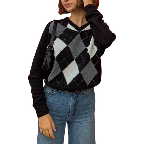 Faithtur Women s V Neck Sweaters Long Sleeve Argyle Print Loose