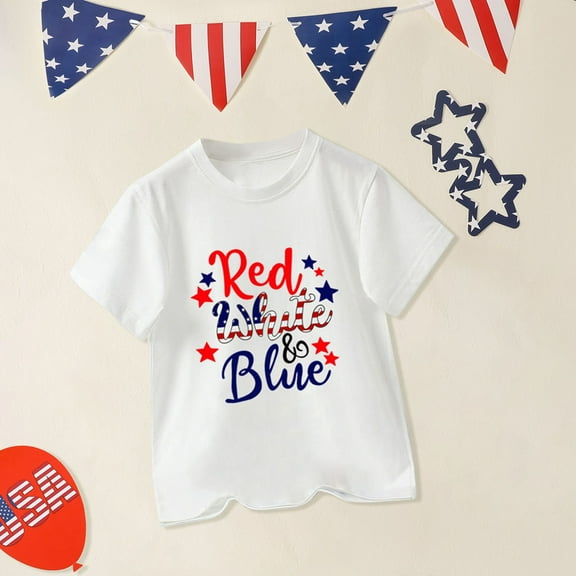 XIMIN Red White Blue Text Print T Shirts American Flag Short Sleeve Shirt Kids Independence Day Teenage Top Shirts Long for Toddler Boys and Girls (6-7 Years, White)