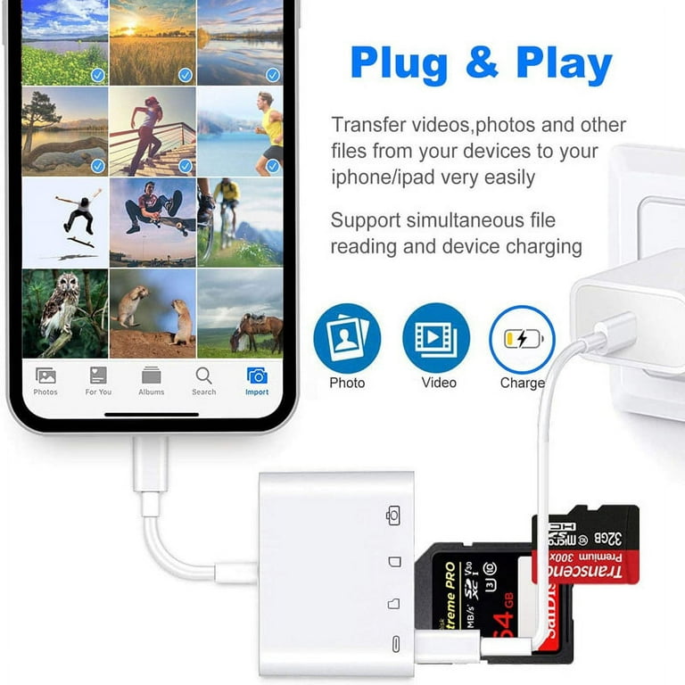 SD Card Reader for iPhone iPad, 4 in 1 Micro SD/SD Card Reader to iPhone  Adapter
