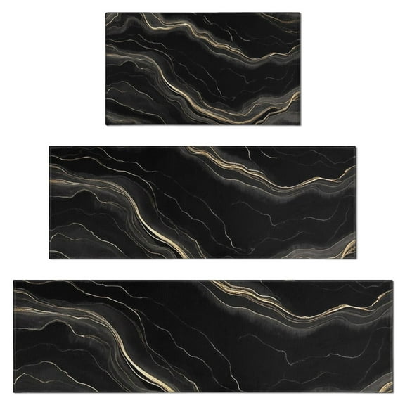Black Gold Marble Pattern Kitchen Rugs Sets Of 3,Kitchen Runner Rugs Non Skid Washable,Decorative Kitchen Floor Mats for Kitchen,Sink,Laundry,17"x30" 17"x47" 17"x59"