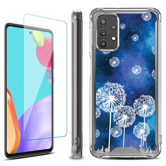 Shockproof Bumper Phone Case for Samsung Galaxy A53 5G, with Tempered Glass Screen Protector, by OneToughShield ® - Dandelion Stars
