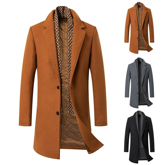 Hinvhai Mens Wool Blend Coat Winter Trench Coat with Detachable Soft Scarf Single Breasted Overcoat Gray 8(XL)