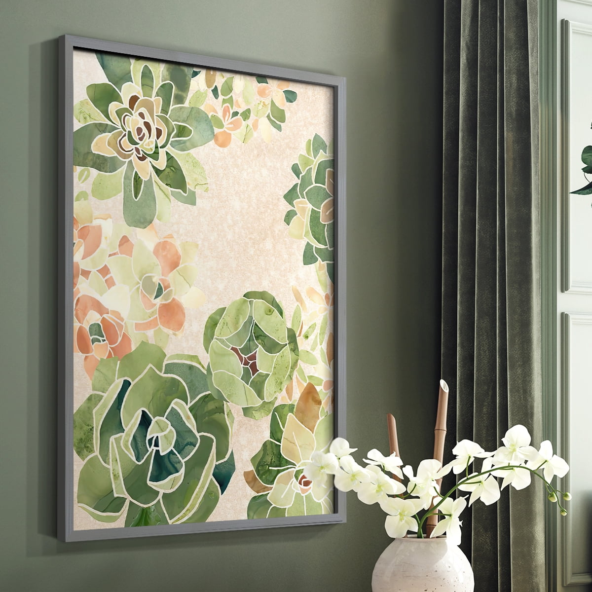 Stained Glass Succulents I Framed Print in Gray Solid Wood Framed Print No Nail Hanging