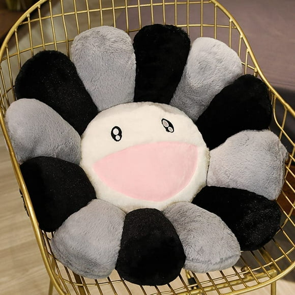 23.6 inch large pillow, Murakami long pillow, big flower pillow, plush pillow, elastic, super soft, smiling sunflower stuffed plush toy, cushion pillow, bedroom and car decoration (black and white)1