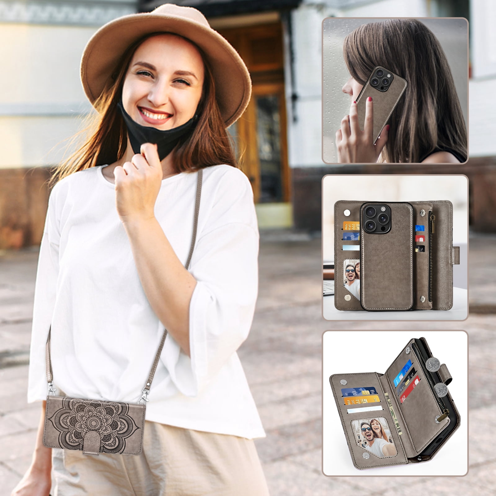Phone Case for iPhone 16 Pro Max 6.9 inch Zipper Wallet Magnetic Detachable Cell Cover with Tempered Glass Screen Protector Crossbody Strap Flower Card Holder Slot i16 ProMax 16ProMax Women Grey