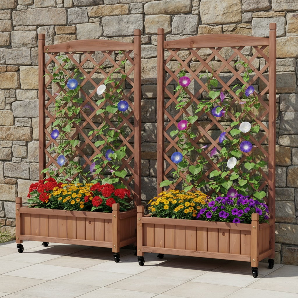 Raised Garden Bed with Trellis 2 Pack, Outdoor Wooden Planter Box & Plant Stand with Climbing Racks
