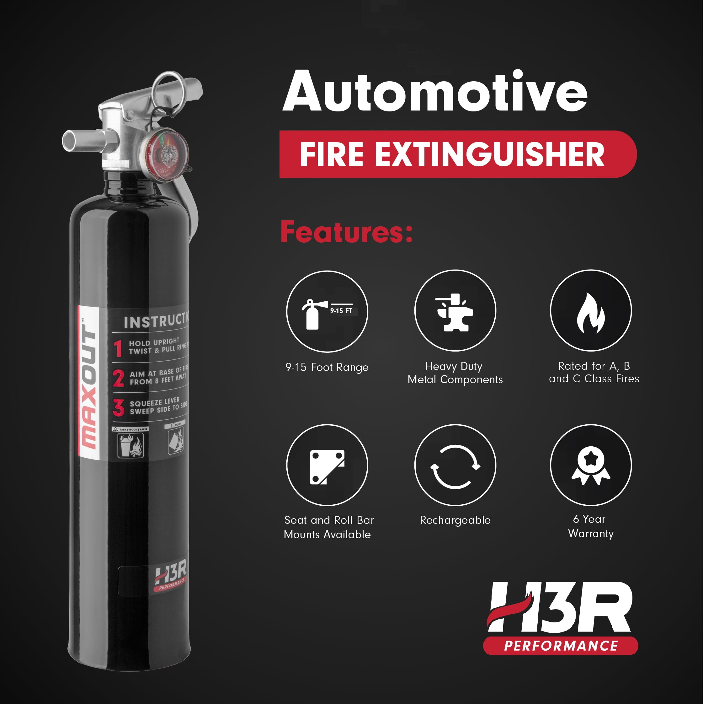 H3R Performance MaxOut Dry Chemical Car Fire Extinguisher - 2.5 lb. Black