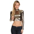 thumbnail image 5 of Sakkas Metallic Liquid Mock Neck Turtleneck Long Sleeve Crop Top - Made in USA - Pewter - Medium, 5 of 6