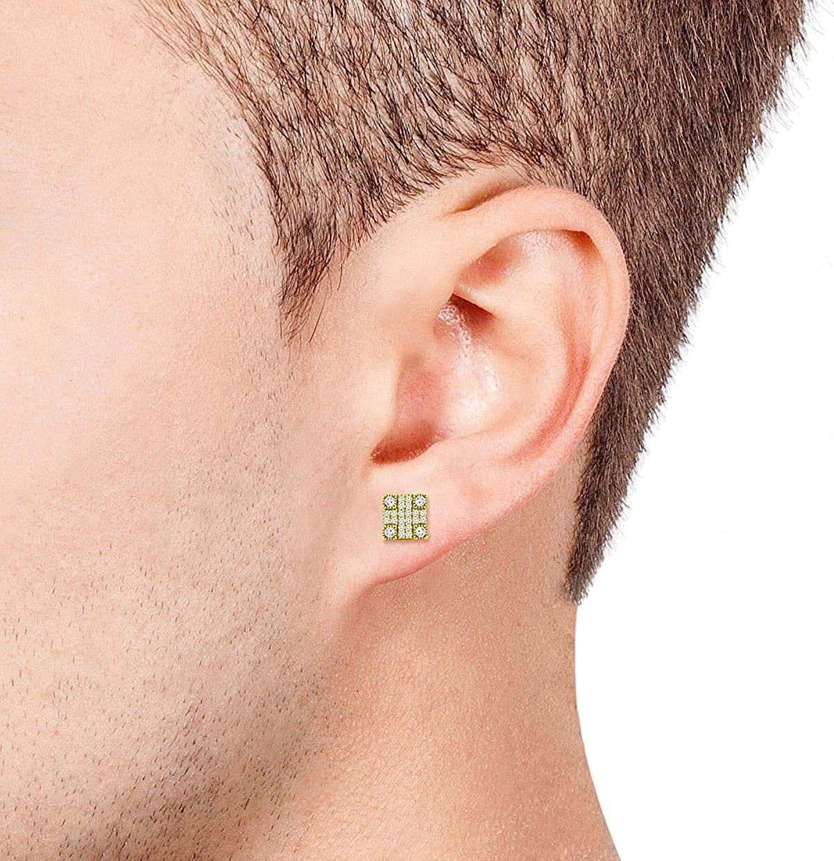 925 Sterling Silver Unisex Square 3D Screw Back Stud Earring, Men's, Women, Gold Plated 3 Dimensional Micro Pave CZ Cubic Zirconia, Giorgio Bergamo Gold