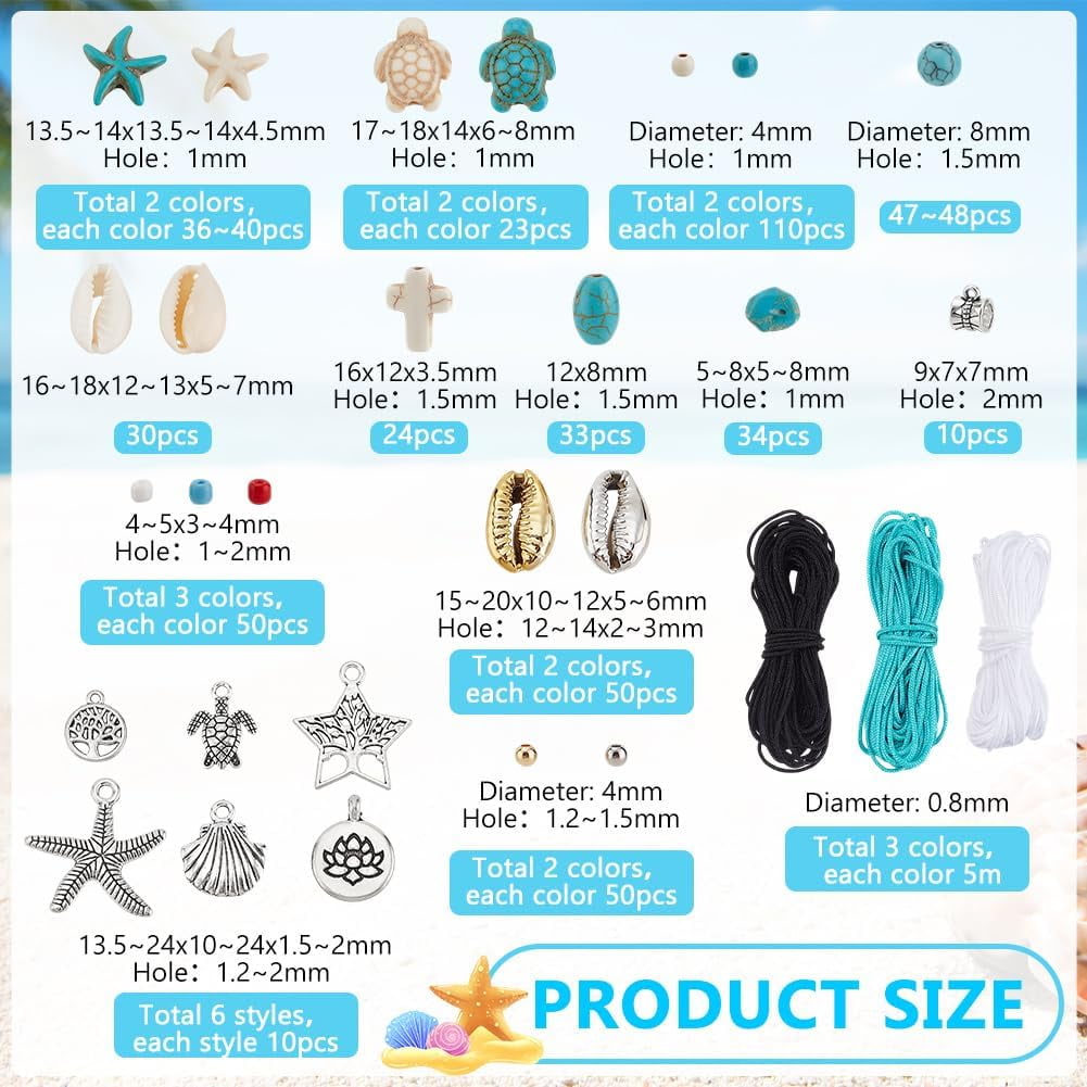Surfer Wave Boho Bracelet Making Kit 710pcs Blue Beads Bracelet Kit Turquoise Turtle Starfish Beads Ocean Seashell Charms with Cords