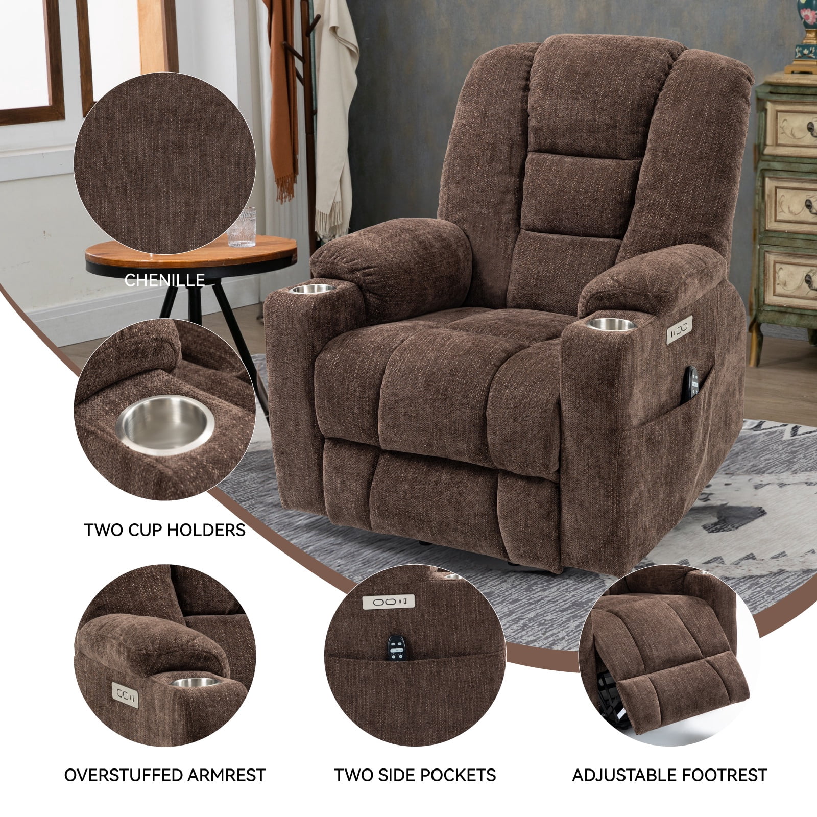 Power Lift Recliner Chair with Massage & Heat for Seniors, Overstuffed Sofa Chair Wide Seat, Heavy Duty Chenille Fabric, USB/Type C Ports, 2 Steel Cup Holders, 155° Recline,350lb Capacity