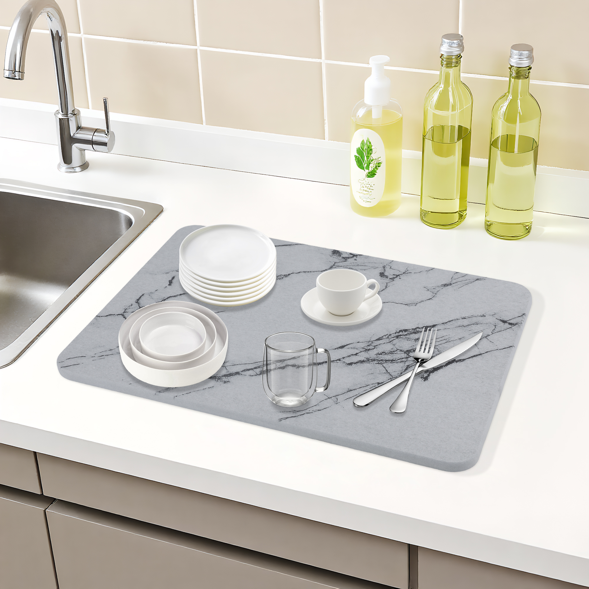 Unique Bargains Marbled Diatomaceous Stone Dish Drying Mat for Kitchen Gray