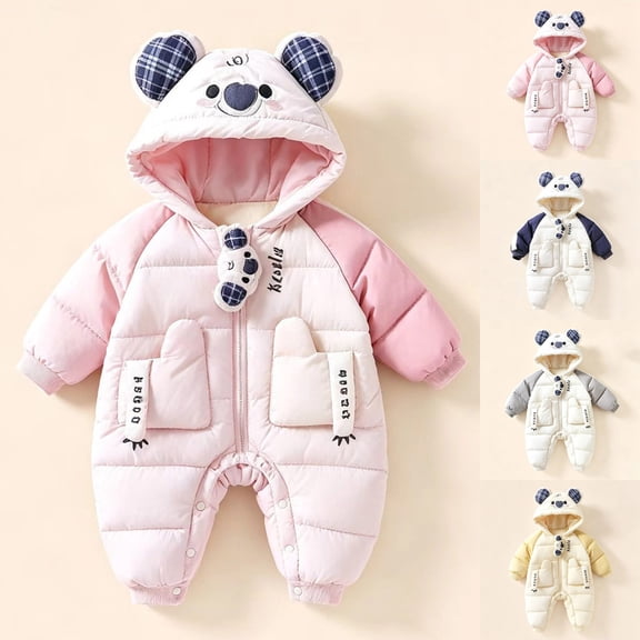 Winter Padded Snowsuit foe Boys Girls Cute Koala Ear Hooded Jumpsuit Long Raglan Sleeve Quilted Warm Outfits