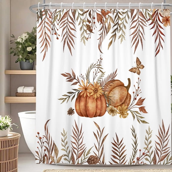 Fall Pumpkin Pine Floral Shower Curtain,Polyester Waterproof Bathroom Decor Set With Hooks,72 W x72 H Inch